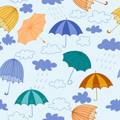 Obraz premium Seamless children's pattern with colorful umbrellas and cloud outlines. Creative children's hand-drawn texture for packaging, textiles, fabric, Wallpaper, clothing. Vector illustration.