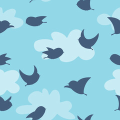 Fototapeta premium Seamless children's pattern with birds flying in the blue sky on a background with clouds. Creative children's hand-drawn texture for packaging, textiles, fabric, Wallpaper, clothing. Vector.