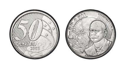 Fifty cents brazilian real coin, front and back faces