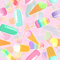 Seamless vector pattern with cute colorful cartoon ice creams on pink background. Design for print, fabric, wallpaper, card