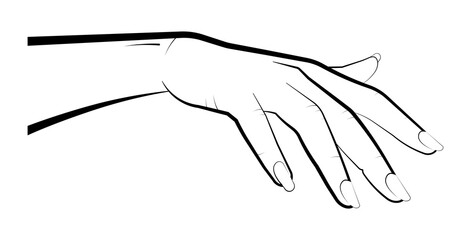 woman holds out her hand for a kiss. Gesture takes, reaches for the subject, covers with a palm. Isolated vector on white background