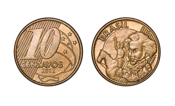 Ten cents brazilian real coin, front and back faces