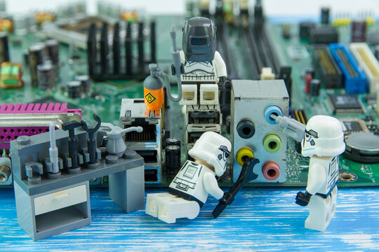 Nonthabure, Thailand - August, 02, 2016: Lego star wars repairing computer motherboard.The lego Star Wars mini figures from movie series.