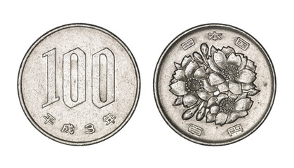 One hundred japanese yen coin, front and back faces