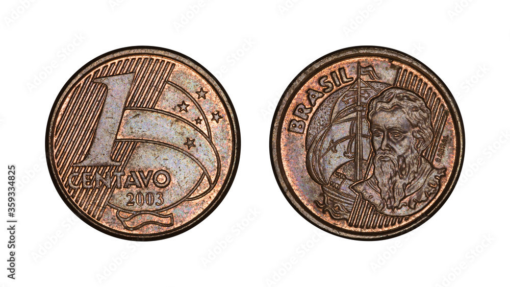 Sticker One cent brazilian real coin, front and back faces