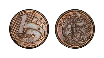 One cent brazilian real coin, front and back faces