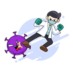 Doctor with protective mask character kicking corona virus, fight against virus concept