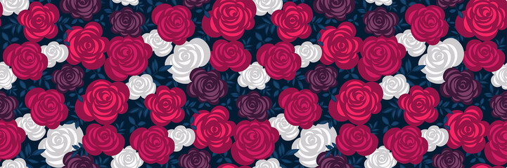 Elegant floral pattern with rich maroon, red, white roses, leaves on a dark background. Stylish Botanical print for Wallpaper, fabrics, backdrops, fashion design... Hand-drawn vector illustration.