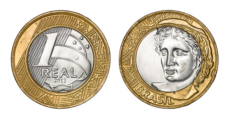 One brazilian real coin, front and back faces
