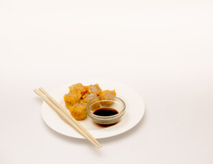 Delicious Asian breakfast shot isolated against a white background. 