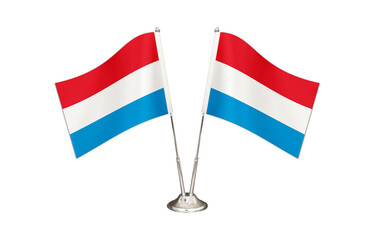 Luxembourg table flag isolated on white ground. Two flag poles with flags and Luxembourg flag on the table.