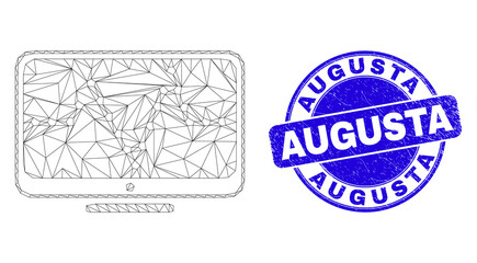Web mesh online dotted chart icon and Augusta seal. Blue vector rounded scratched seal with Augusta message. Abstract frame mesh polygonal model created from online dotted chart icon.
