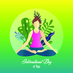 Women's flat design vector inspiration for yoga poses in the natural morning with green plants adds to the freshness of self and mind.