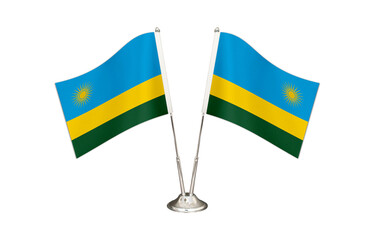 Rwanda table flag isolated on white ground. Two flag poles with flags and Rwanda flag on the table.