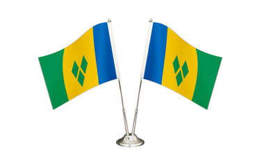 Saint Vincent ve Grenadinler table flag isolated on white ground. Two flag poles with flags and...