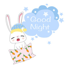 cute rabbit sleepy and pillow on goodnight text. sweet dream concept card. vector illustration.