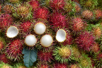 Close up Rambutan peeled. Top view Healthy fruits rambutans in a supermarket local market of ready to eat, sweet Thai fruit. Selected focus.