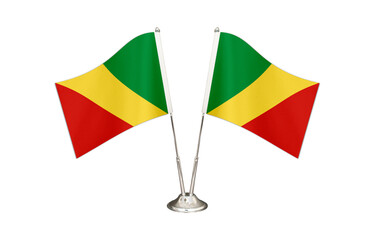 Congo Republic table flag isolated on white ground. Two flag poles with flags and Congo Republic ...
