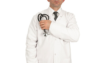 Male doctor standing in front of white background, holding stethoscope on his hand, in a white coat.