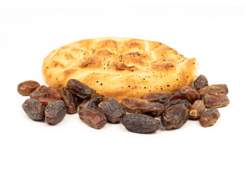 Pita bread and date fruit special for Ramadan, special month of Muslims, on white background.