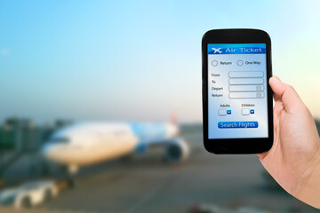 Man using a digital generated phone with tickets flights web and airport background.