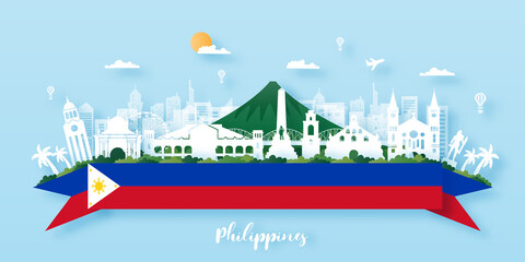 Philippines Travel postcard, poster, tour advertising of world famous landmarks. Vectors illustrations