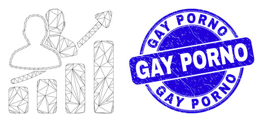Web mesh people trend chart pictogram and Gay Porno seal. Blue vector rounded textured seal stamp with Gay Porno message.