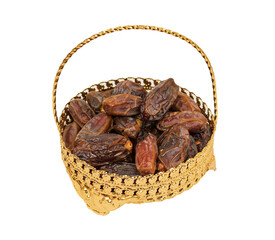 Date dates in gold leaf bowl isolated on white background.