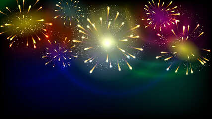 Bright festive fireworks on a dark background. . Shining fireworks with colored rings