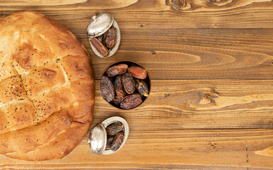 On the wooden floor, the top view, the bread called 