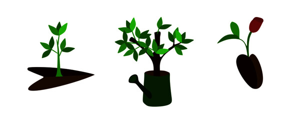 set of plant seedlings, sprout in a heart-shaped land, tree planted in a watering can is a flower growing from a seed, there is no planet b, vector illustration