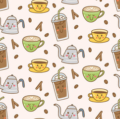 Kawaii coffee shop seamless background