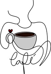 continuous line art of a cup of coffee and the word coffee written in Portuguese, colorful design, vector illustration