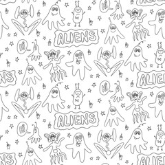 Vector color seamless childish pattern with cute outline monsters aliens, space doodles, lettering. Baby background perfect for fabric, wrapping, wallpaper, textile, apparel, cover, coloring book