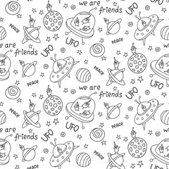 Vector color seamless childish pattern with cute outline monsters aliens, space doodles, lettering, Flying Saucers, UFO. For fabric, wrapping, wallpaper, textile, apparel, cover, coloring book