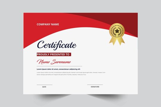 Creative Red Color Certificate Template With Badge Vector Template