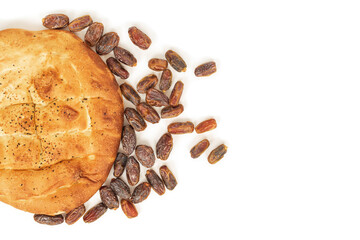 Isolated on white background, top view, bread produced by Muslims for the holy month of Ramadan, 