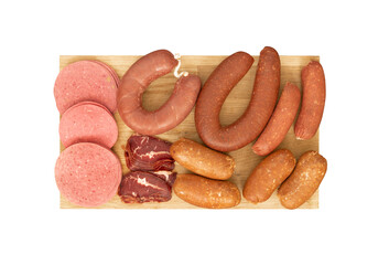 Presentation of sausage sucuk (sujuk) salami and bacon on a cutting board on a white background.