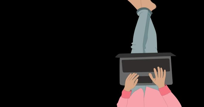 Animation of a man using the notebook, in the background the word courses, introduction template