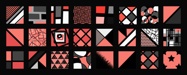 Big set of geometric and abstract backgrounds, with modern and contemporary vector illustrations in pink, gray, white and black, for pillow covers, wall pictures or other decorative items.