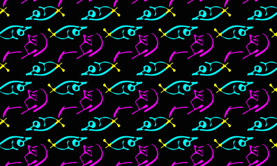 abstract neon seamless pattern, abstract humanoid and animalistic shapes, fish and eyes, modern background, fabric for mugs, pillows, clothes, vector illustration