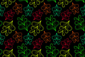 seamless pattern of leaves in line art style, black background, and modern neon design, in green, orange, yellow, pink and blue colors, vector illustration.