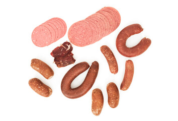 Sausage sucuk (sujuk) and bacon varieties on a white background.