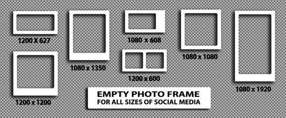 Big / Large set empty white photo frame for all sizes of social media, vector with 3D shadows, realistic vintage / retro frame, transparent background, antique cameras.