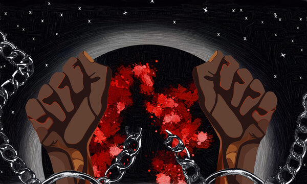 Black Hands Chained, Broken Chains, Structural Racism, Black Planet Earth In Blood, Black Lives Matter, Stop Killing Black People, Police Violence, Racism, Multicultural, Diversity, Illustraction.