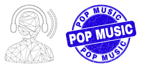 Web mesh radio operator headset pictogram and Pop Music seal stamp. Blue vector round textured stamp with Pop Music phrase.