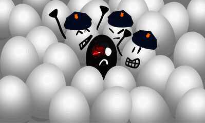 3D vector illustration, structural racism and police violence against blacks, white eggs with police cap attacking a black egg, blood, black lives matter, anti racism, stop killing black people