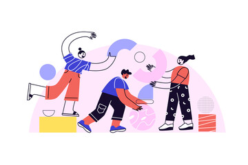 Business concept. Command metaphor. People juggling elements. Vector illustration of the style of flat design. Symbol of teamwork, collaboration, partnership.