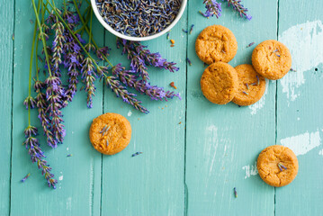 cakes with lavender on aged blue wood table