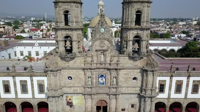 Zapopan, Mexico - May 1 2020-Traveling out of Zapopan Basilica taken with a drone